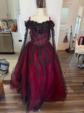 Woman's Black & Burgundy Floral Lace Tulle Party Dress